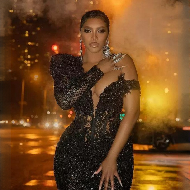 Black Plus Size Aso Ebi Prom Dresses One Shoulder Mermaid Lace Beaded Rhie African Nigeria Women Evening Dress Second Reception Gowns Long Train