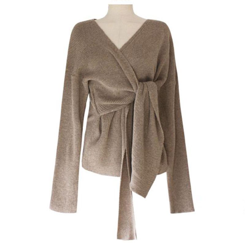 Womens Sweaters V-neck Irregular Kink Lace-up Design Knitted Pullovers Elegant Solid Long Sleeve Women Autumn 2023 Korean Chic JumpersWomen