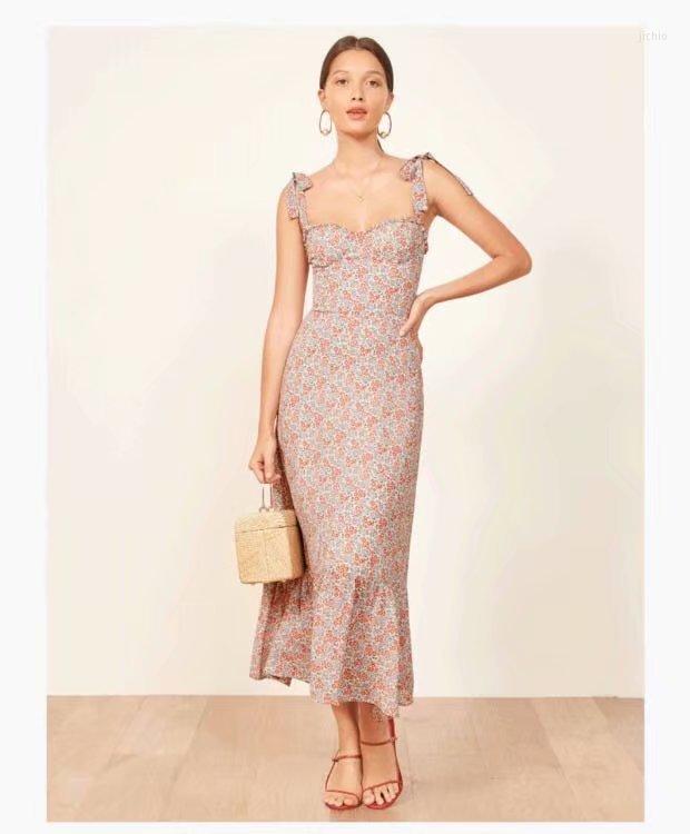 New Casual Dresses Summer 2024 Women Spaghetti Strap Chiffon Dress Runway European Bohemian Floral Printed Midi Ruffles