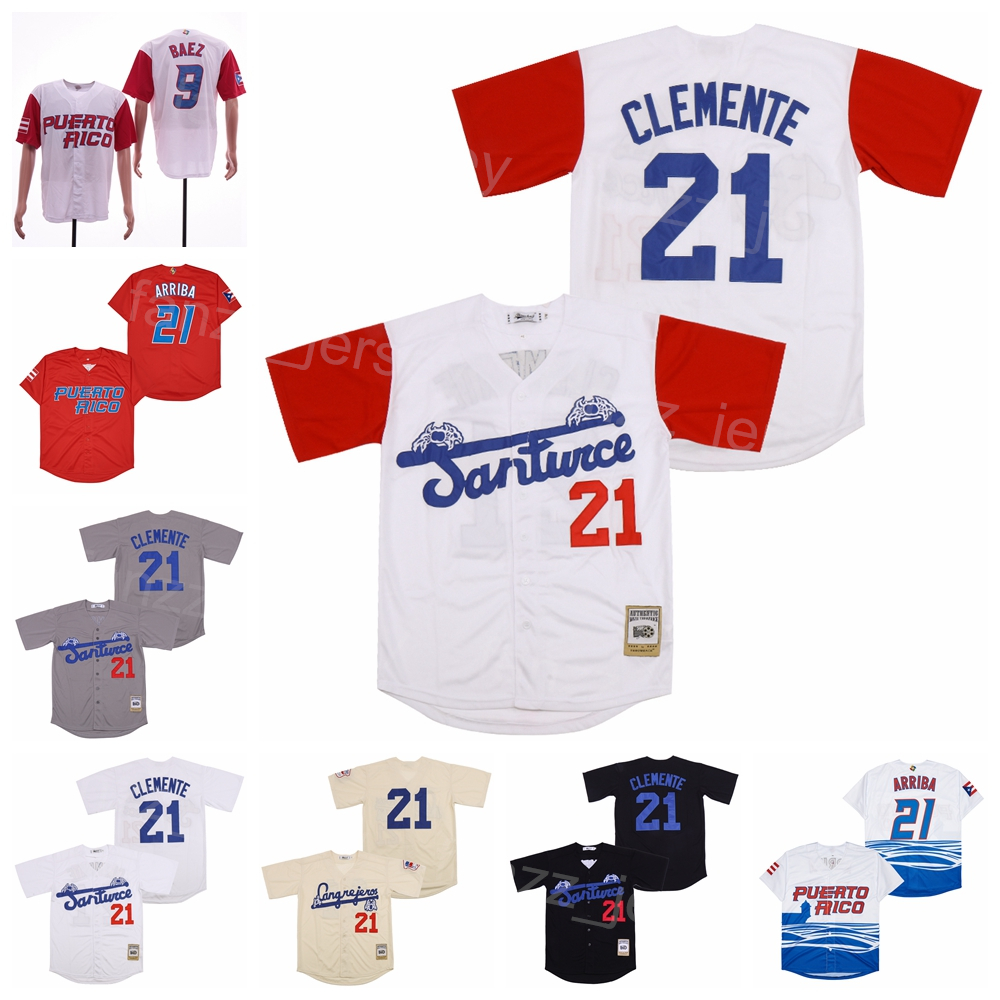 Moive Baseball 21 Roberto Clemente Jersey Santurce Crabbers Puerto Rico 9 Javier Baez All Sstitched Retro Team Black Grey White Pinstripe Cool Base Cooperstown