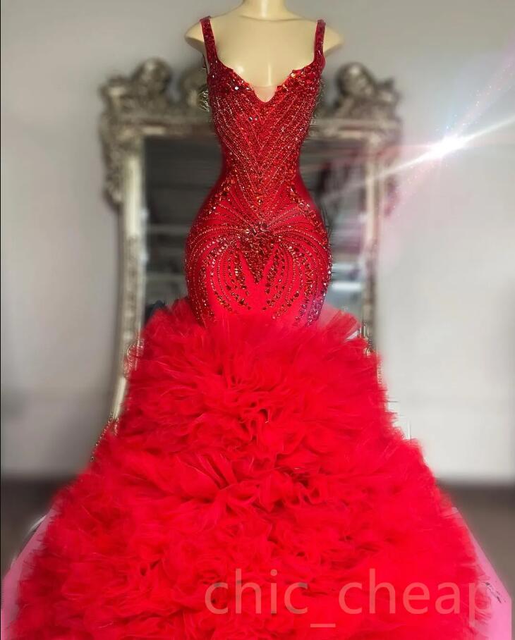 Arabic Aso Ebi Red Mermaid Evening Dresses Beaded Crystals Tiers Ruffles Tulle prom Occasion Engagement Gown Robe De Soiree