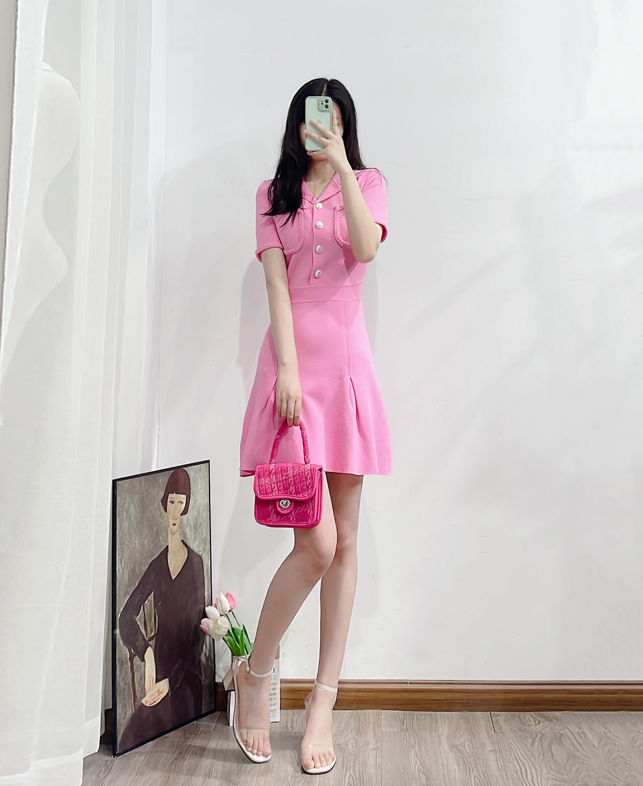 22SS Maje V-neck Dress with Half Buttons Braided Dresses