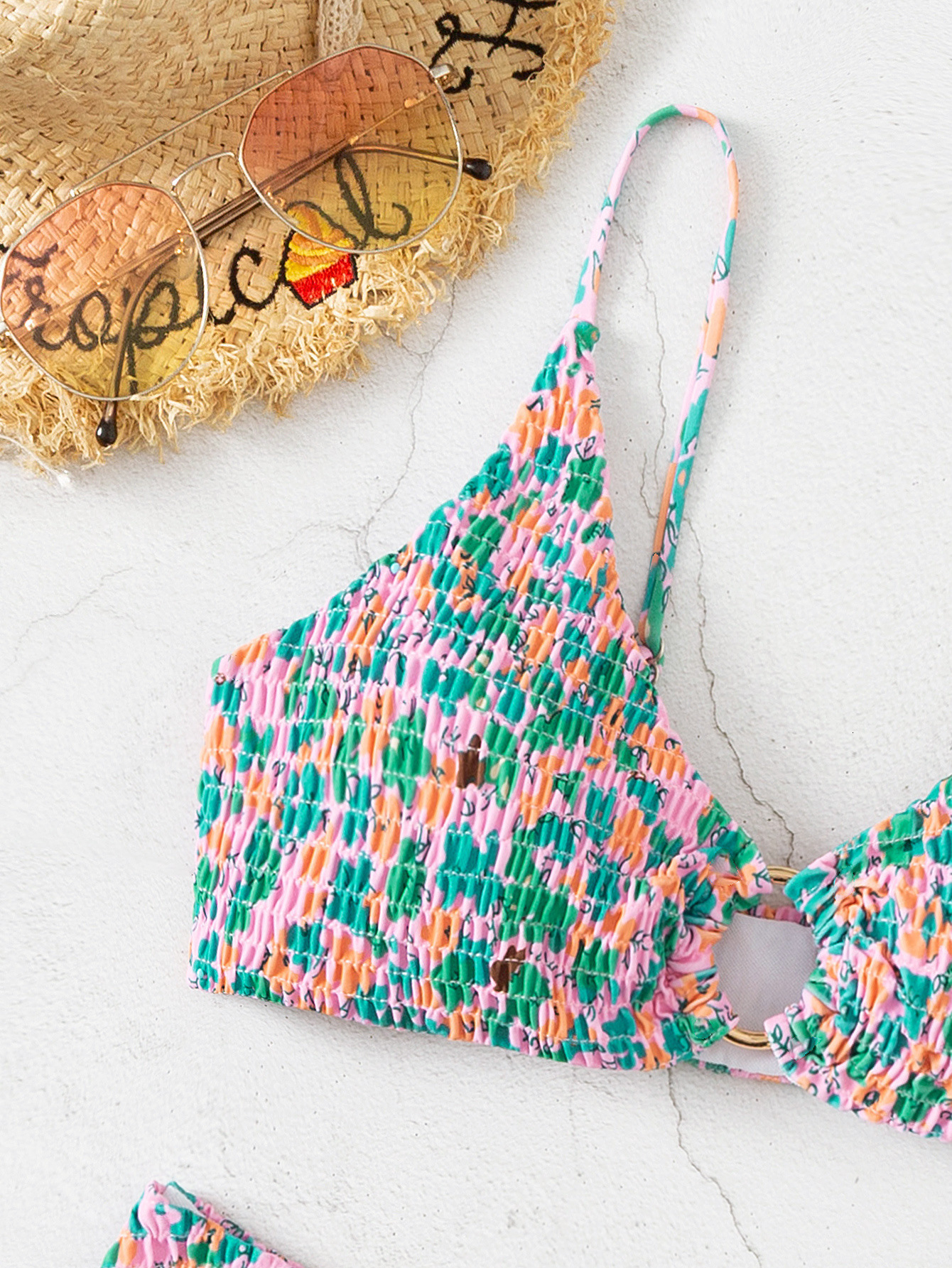 Women's Swimwear Bikini Sexy Floral Pleated Swimwear Swimsuit Women Bikinis Set Bathing Suit Beach Bikini Female Push Up Metal Ring Decor 230421