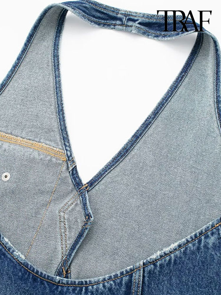 Womens TShirt TRAF Women Fashion With Flap Denim Asymmetric Tank Tops Sexy Backless Halter Neck Side Zipper Female Camis Mujer 230420