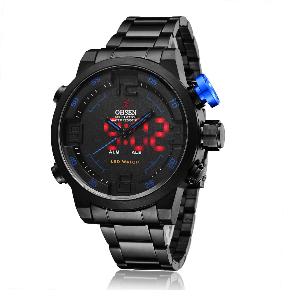 Wristwatches Ohsen1608 Hot Selling Men's Stainless Steel Watch Electronic Quartz Double Movement Watch Waterproof Men's Watch Y19061905, Blue sh106
Wristwatches Ohsen1608 Hot Selling Men's Stainless Steel Watch Electronic Quartz Double Movement Watch Waterproof Men's Watch Y19061905, Blue sh106