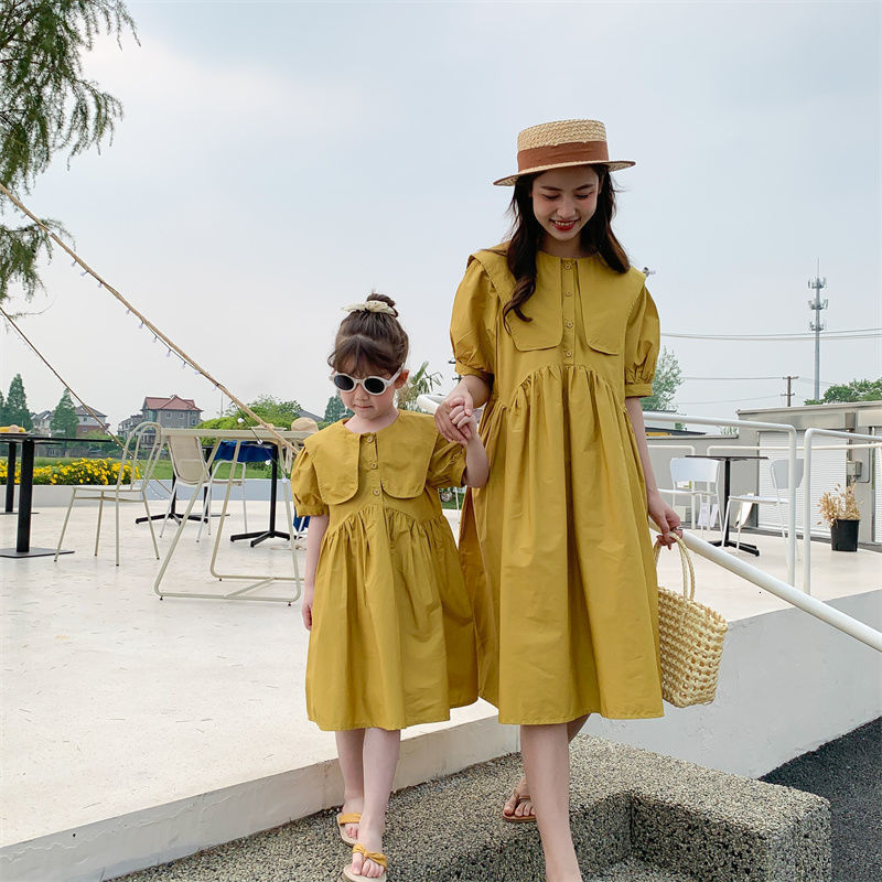 Family Matching Outfits Mommy and Daughter Matching Dress Summer Mother Kids Girl Yellow Pink Family Look Dresses Korean Matching Family Outfits 23042
