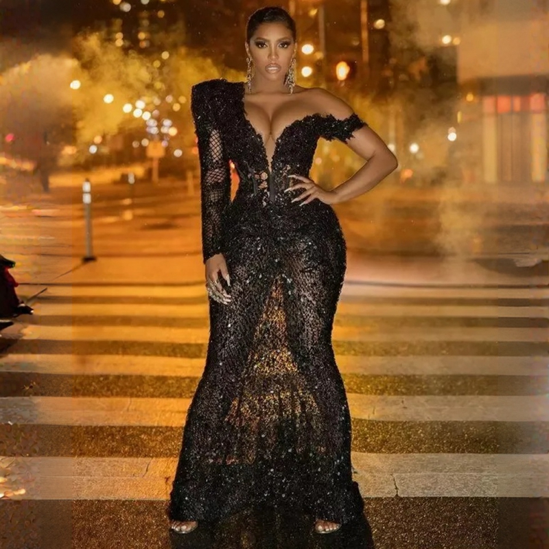 Black Plus Size Aso Ebi Prom Dresses One Shoulder Mermaid Lace Beaded Rhie African Nigeria Women Evening Dress Second Reception Gowns Long Train