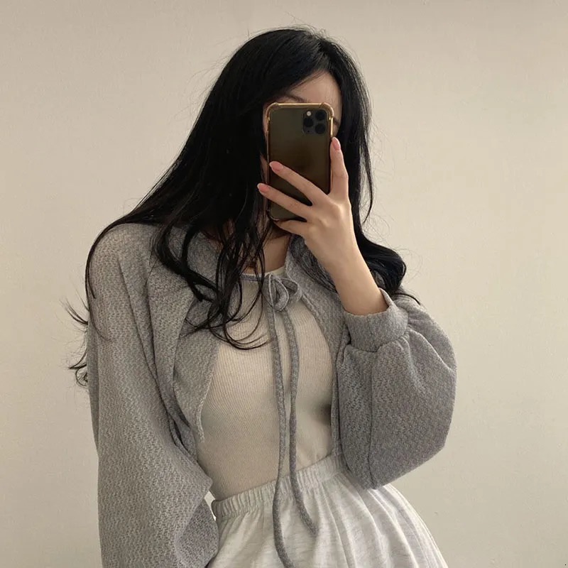 Women's Knits Tees Lucyever White Knitted Cardigan Women Summer Thin Sunscreen Lace-Up Knitwear Tops Female Korean Style Lantern Sleeve Short Coa