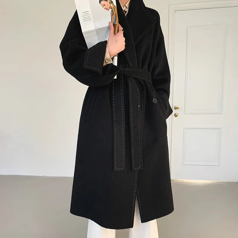 Women's Wool Blends Women Real Coat Lady's Fashion Winter Autumn Chic Jacket Belt Long Sleeve Pockets Trench Hx5780 231120