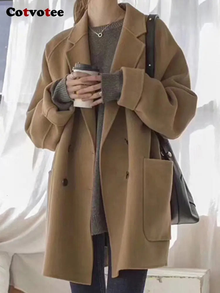 Women's Wool Blends Cotvotee Coat for Women Fashion Vintage Office Lady Loose Pockets Turn Down Collar Double Breasted Casual 231120