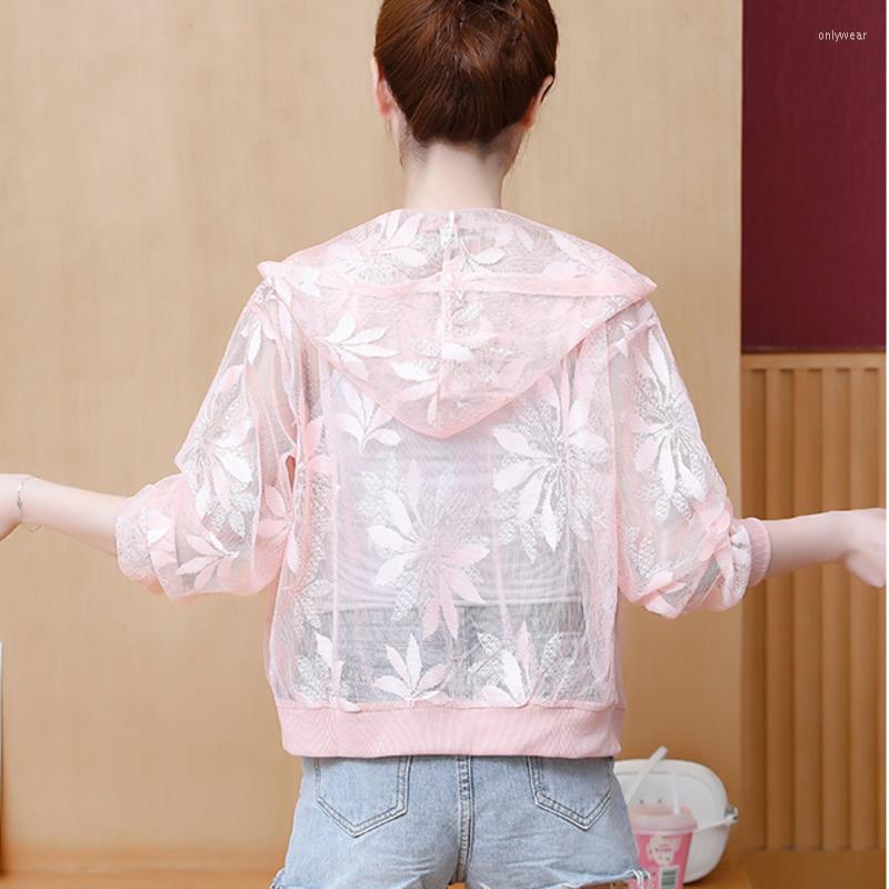 Women's Jackets Purple White Pink See Through Women Jacket Thin Sunscreen Coat Short Ladies Summer Beach Perspective Hooded