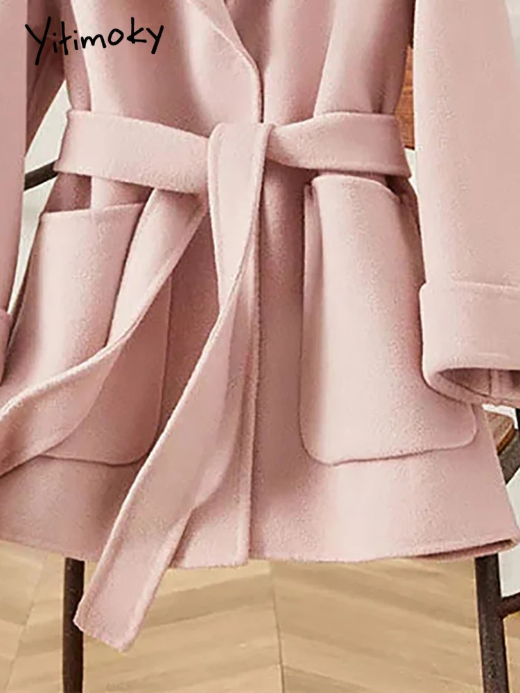 Women's Wool Blends Yitimoky Elegant Solid Jacket for Women Fall Winter 2023 Korean Fashion Oversized Long Sleeve Lace Up Casual Y2k Coats 231120