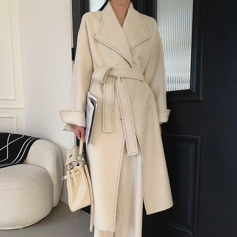 Women's Wool Blends Women Real Coat Lady's Fashion Winter Autumn Chic Jacket Belt Long Sleeve Pockets Trench Hx5780 231120
