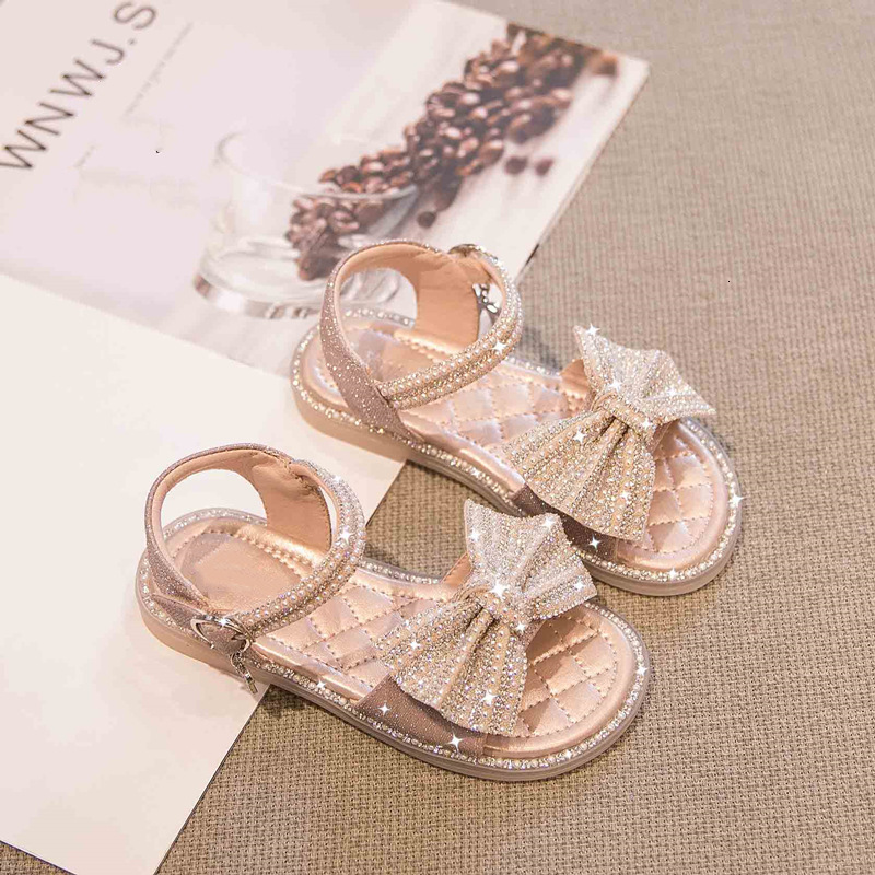 Sandals Summer Children's Princess Sandals Rhinestones Bowtie Elegant Fashion Sandals Non-slip Breathable Solf Girls Shoes Kids Sandals 230421