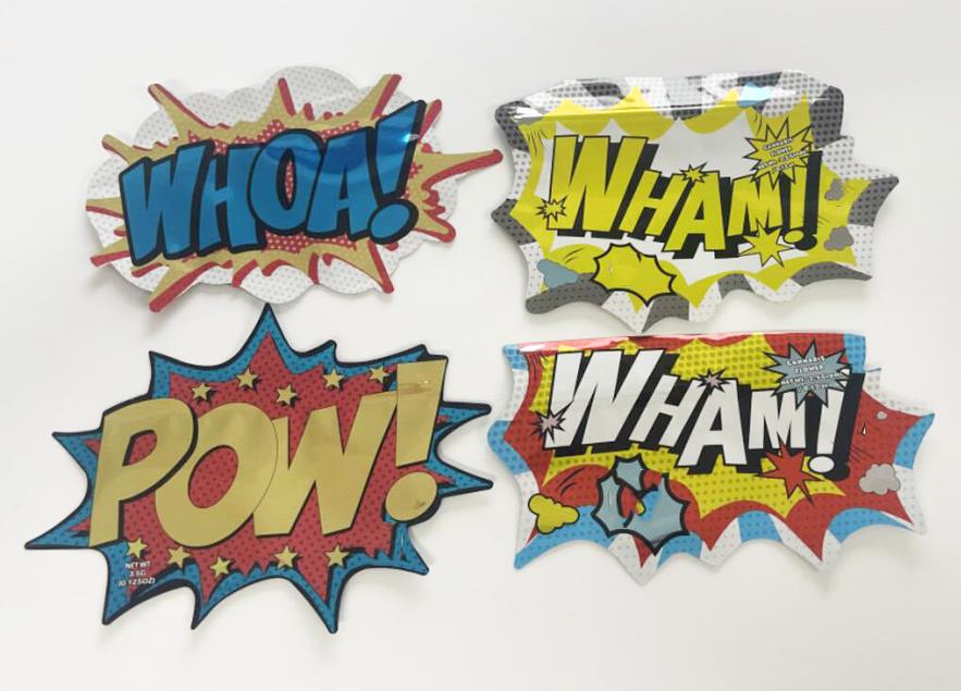 Empty irregular shaped mylar bags resealable zipper custom printed pow whoa wham edible pack
Empty irregular shaped mylar bags resealable zipper custom printed pow whoa wham edible pack