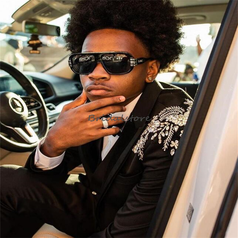 Slim Black Wedding Tuxedos 2024 Peaky Blinder Two Pieces Satin Beaded Men Prom Suit Handsome Groom Suits Fitted Dinner Bussiness Male Bespoke Groomsme