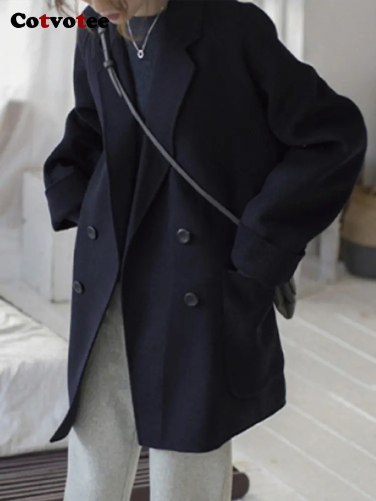 Women's Wool Blends Cotvotee Coat for Women Fashion Vintage Office Lady Loose Pockets Turn Down Collar Double Breasted Casual 231120