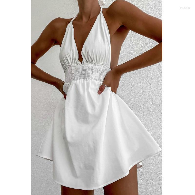 Casual Dresses Summer Dress Women Halter V Neck Backless Mini Beach Elegant White Sundress Female