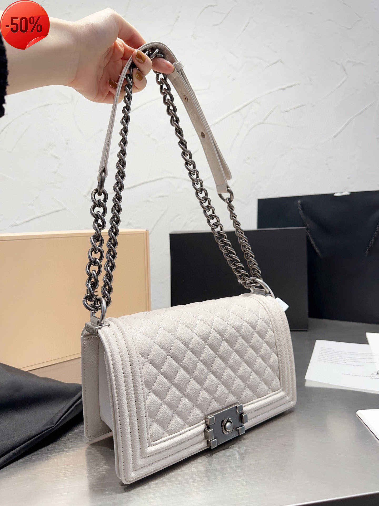 Channel Boy Handbag Sling Side Bag Caviar Leather Silver Gold-Tone Metal Adjustable Chain Purse Lock Gabrielle Quilted For Women Classic 25CMh, Pink
Channel Boy Handbag Sling Side Bag Caviar Leather Silver Gold-Tone Metal Adjustable Chain Purse Lock Gabrielle Quilted For Women Classic 25CMh, Pink