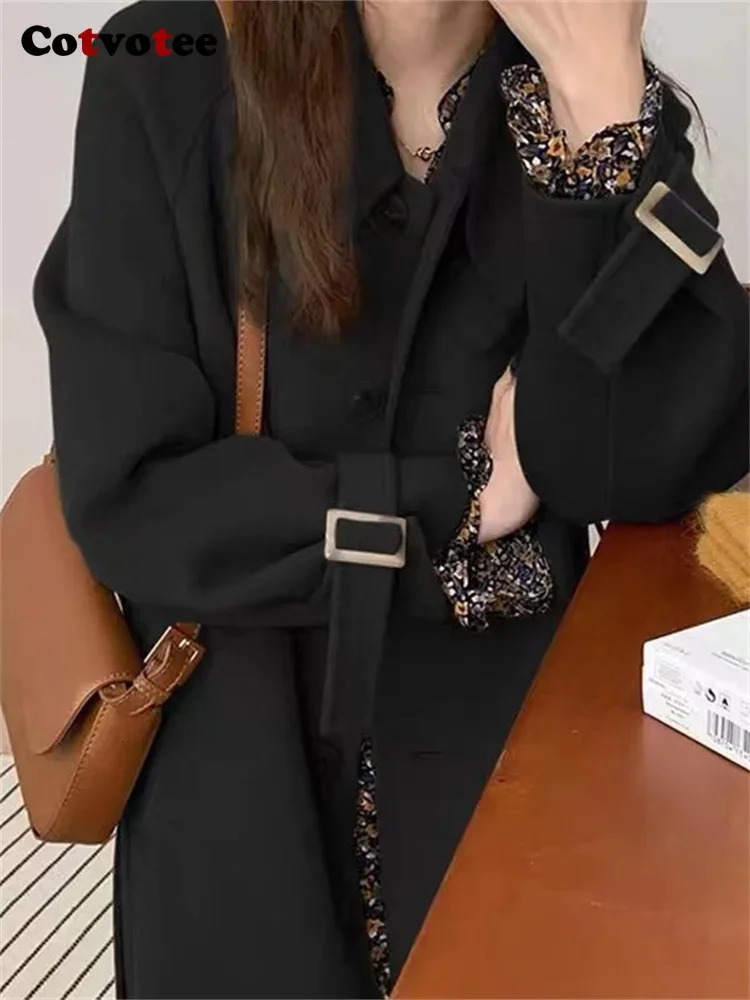 Women's Wool Blends Cotvotee Turn Down Collar Coat Women 2023 Autumn Winter Vintage Button Up Long Coats Sleeve Casual Loose Jacket 231120