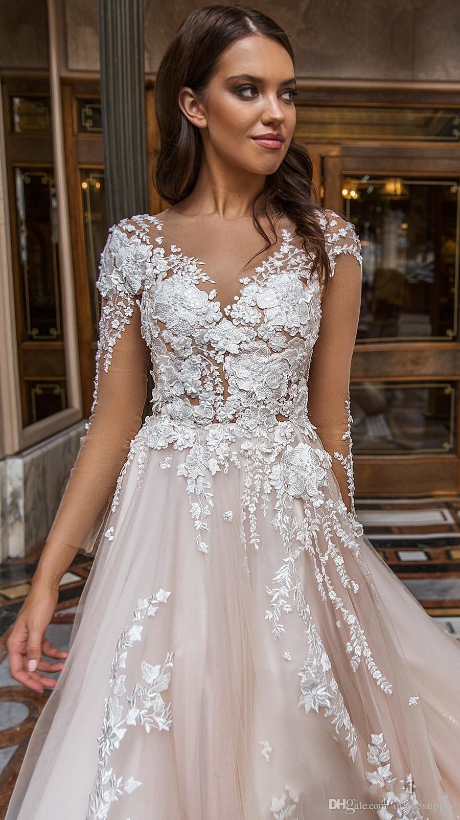 Dress Wedding Bridal Gowns Sheer Long Sleeves V Neck Embellished Lace Embroidered Romantic Princess Blush A E Beach Plus Size