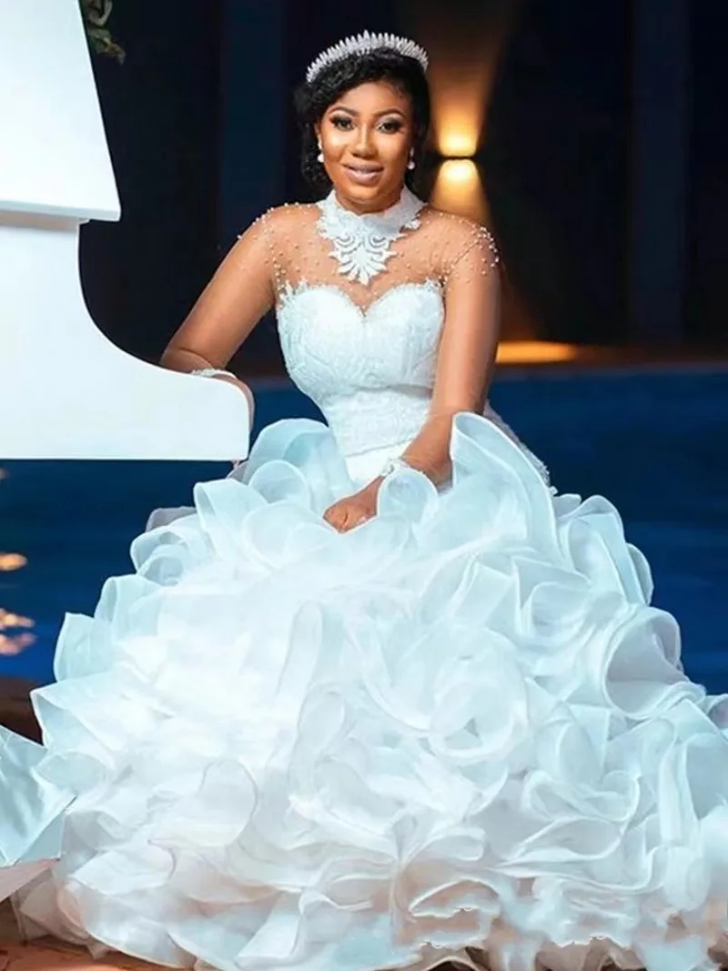 Mermaid African Wedding Dress High Neck Long Sleeves Pearls Ruffles Tiered Organza Bridal Gowns New Vestidos Novia Robe De Mariage