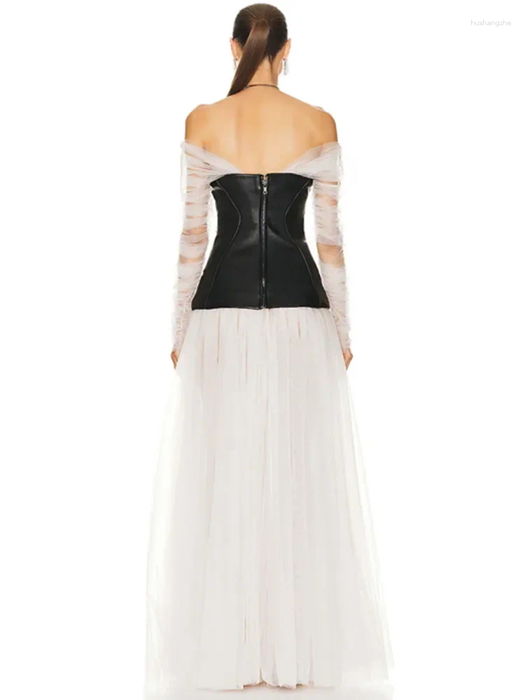 Casual Dresses Luxury Elegant Prom Gowns Women Long Sleeve Off Shoulder White Mesh Black Leather Patchwork Maxi Celebrity Evening