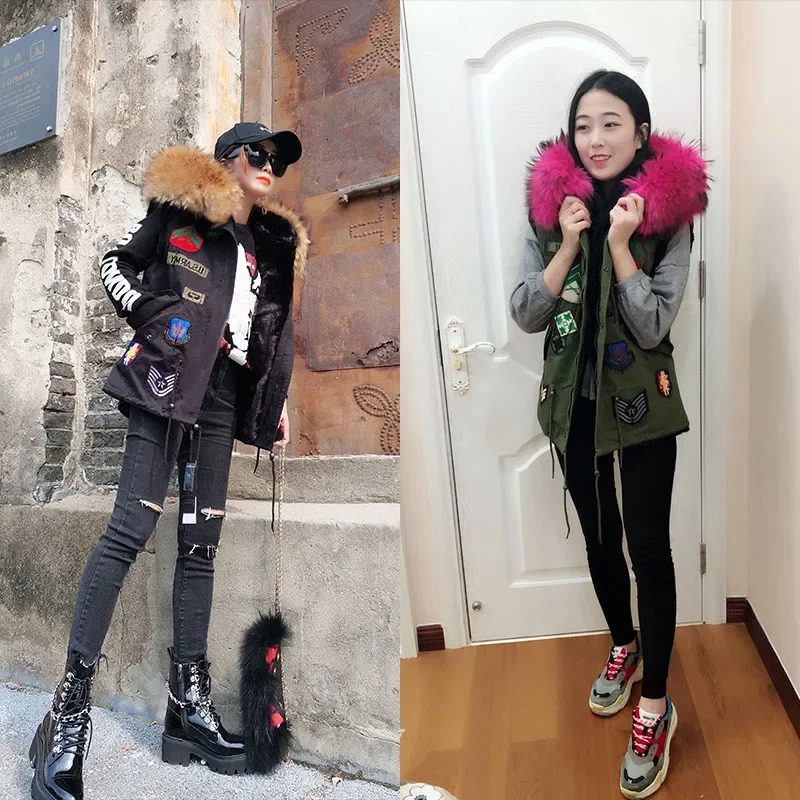 Women's Fur Faux Fur Maomaokong Women's Winter Jacket With Natural Fur Collar Fur Coat Female Fashion Embroidery Real Fur Collar Vest Parka 