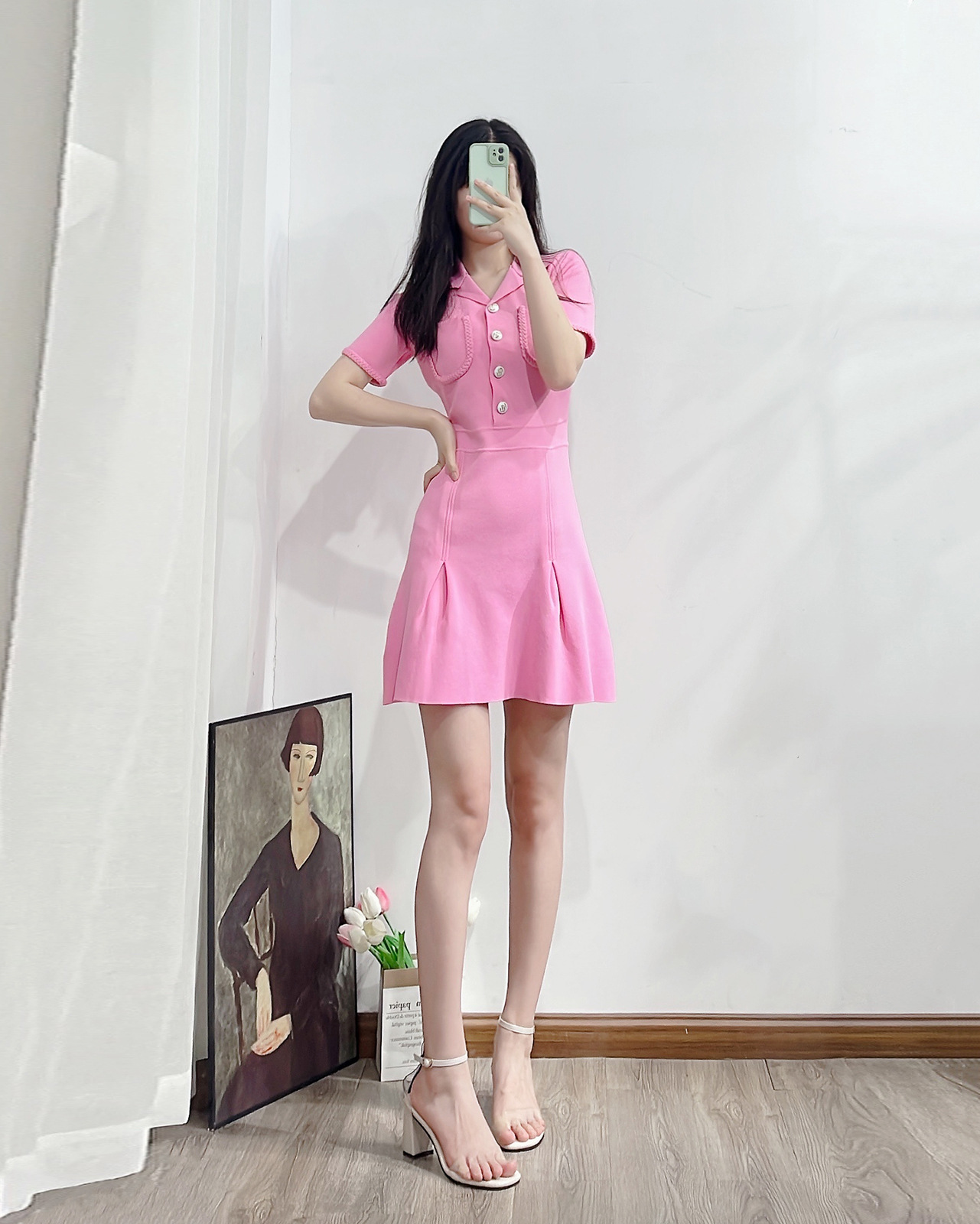 22SS Maje V-neck Dress with Half Buttons Braided Dresses