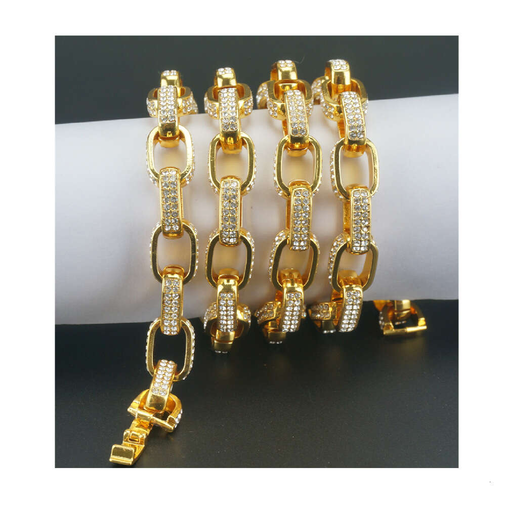 Simple square three-dimensional box chain full of rhinestones hiphop trendy Cuban chain bracelet thick bracelet