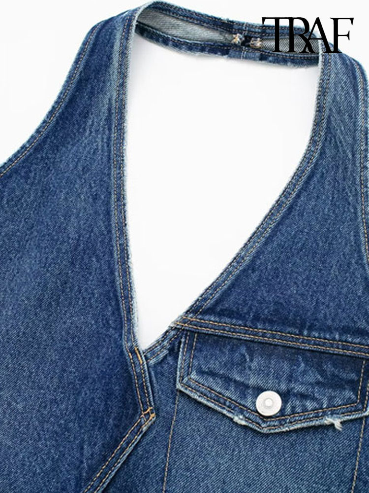 Womens TShirt TRAF Women Fashion With Flap Denim Asymmetric Tank Tops Sexy Backless Halter Neck Side Zipper Female Camis Mujer 230420
