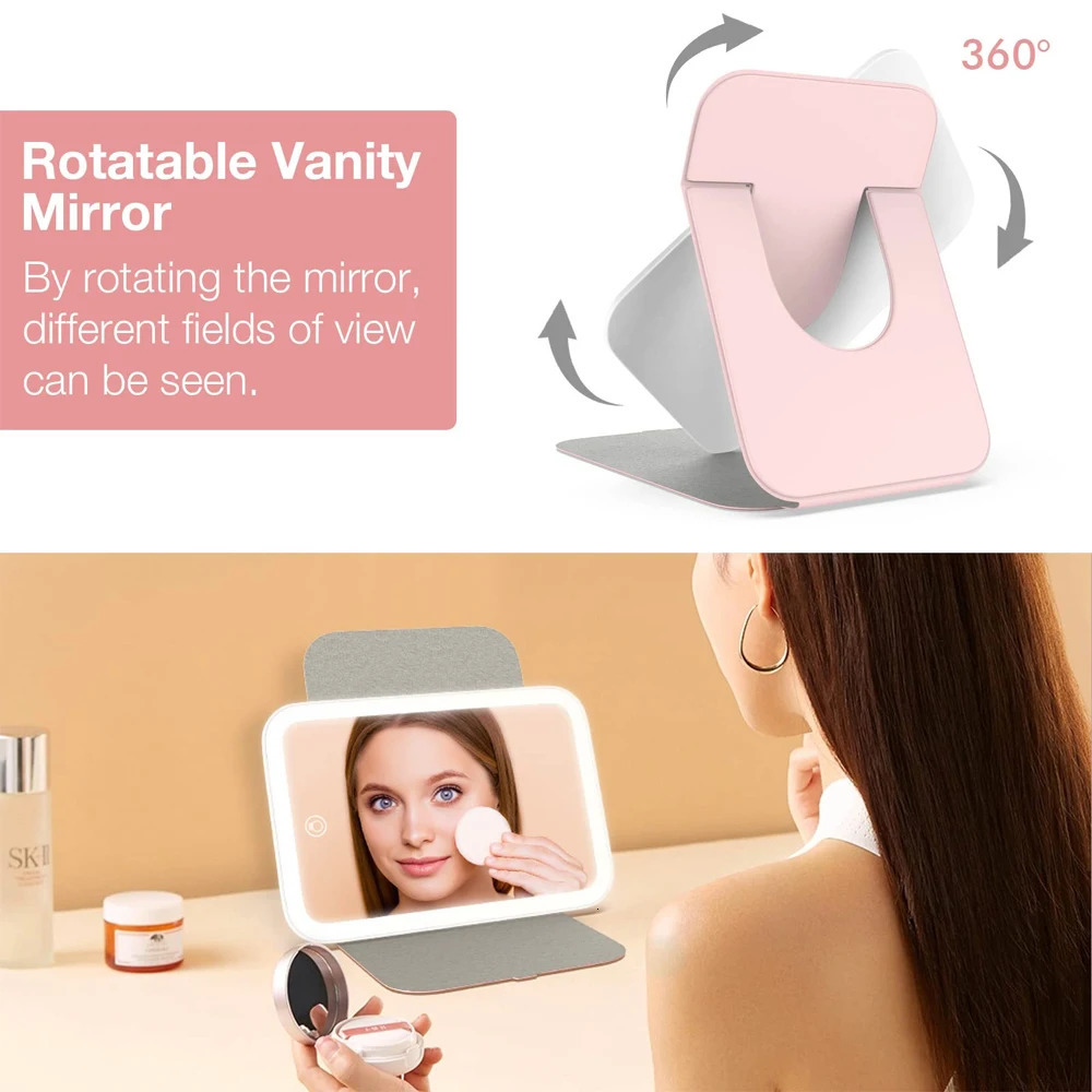 Compact Mirrors Travel Makeup Mirror With LED Light Rechargeable Vanity Mirror Desk Folding Cosmetic Mirror 3 Color LED Mirror Light For Makeup 231120