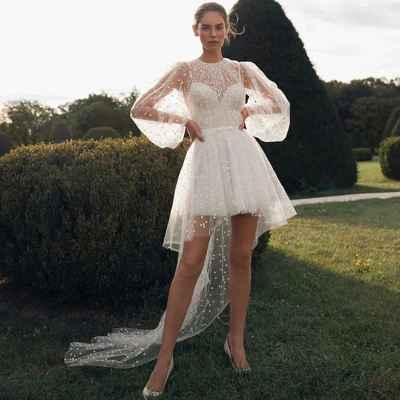O Neck Long Puff Sleeve Mini Wedding Dress 2024 High/Low Dot Net Tulle Simple Short Trendy Beach Bridal Gowns Eleagnt Vestidos De Novia