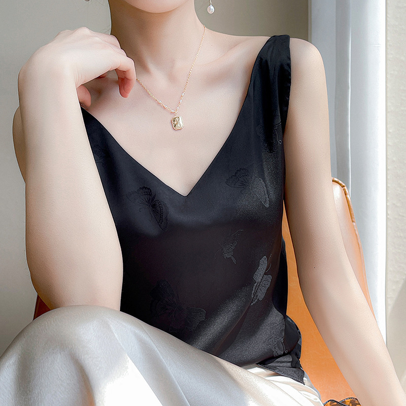 Camisoles Tanks Women's silk Vest Summer Printed Satin Silk Top V-neck Silk Camisole Silk Vest All Match Looks Thin Women Sleeveless Shirt 230421