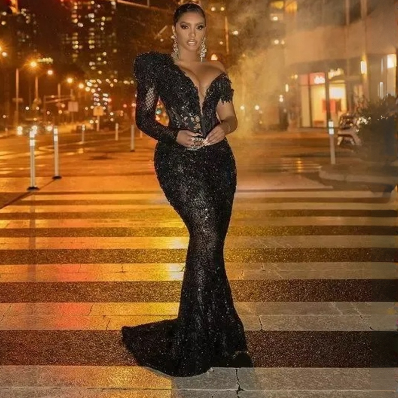Black Plus Size Aso Ebi Prom Dresses One Shoulder Mermaid Lace Beaded Rhie African Nigeria Women Evening Dress Second Reception Gowns Long Train