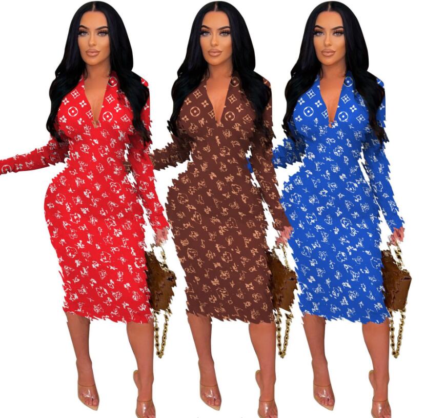 Women's casual dress 2023 Spring/Summer new casual print deep V zipper long sleeved dress designer brand women's Dresses
