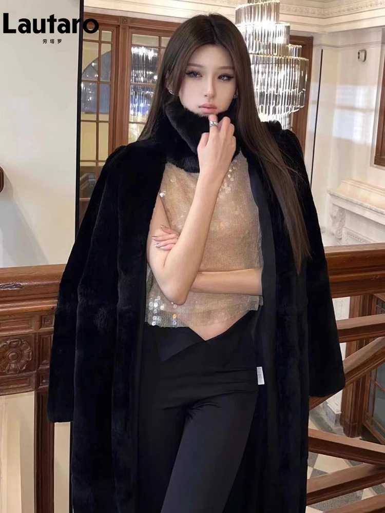Women's Fur Faux Lautaro Autumn Winter Long Black Warm Thick Soft Mink Coat Women Double Breasted Loose Casual Chic Fluffy Overcoat 2023 231120