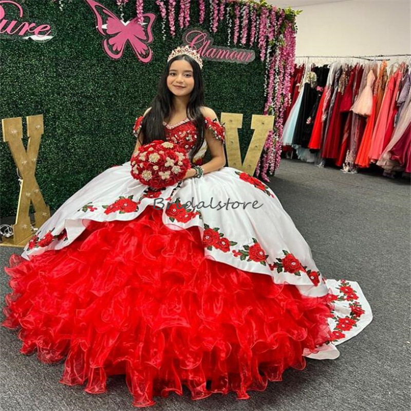 Sixteen Mexican Quinceanera Dresses 2023 With Organza Ruffles Beaded Plus Size Sweet 16 Party Gown Corset White Black Prom Dress vestidos de 15 anos x