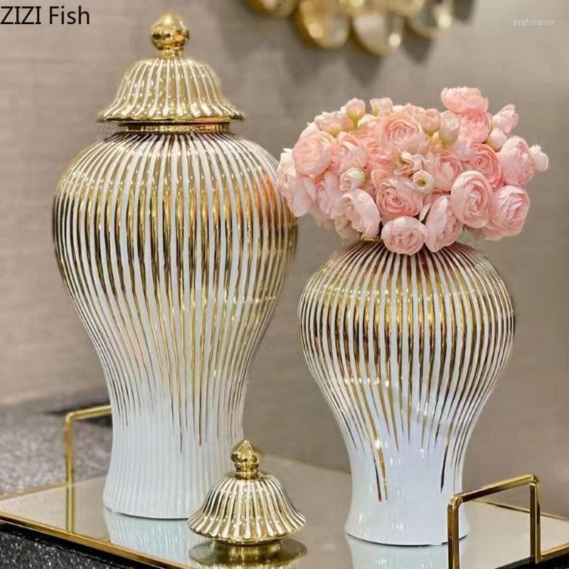 

Storage Bottles Gold Stripe Jar Porcelain Tea Canister Desktop Vase Flower Arrangement General Tank Jewelry Jars Cosmetic Containers