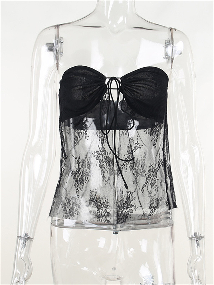 Womens TShirt CHRONSTYLE Lace Bustiers Corsets Strapless Off Shoulder Tube Tops Party Clubwear Mesh See Through Tank Summer Mini Vest 230420