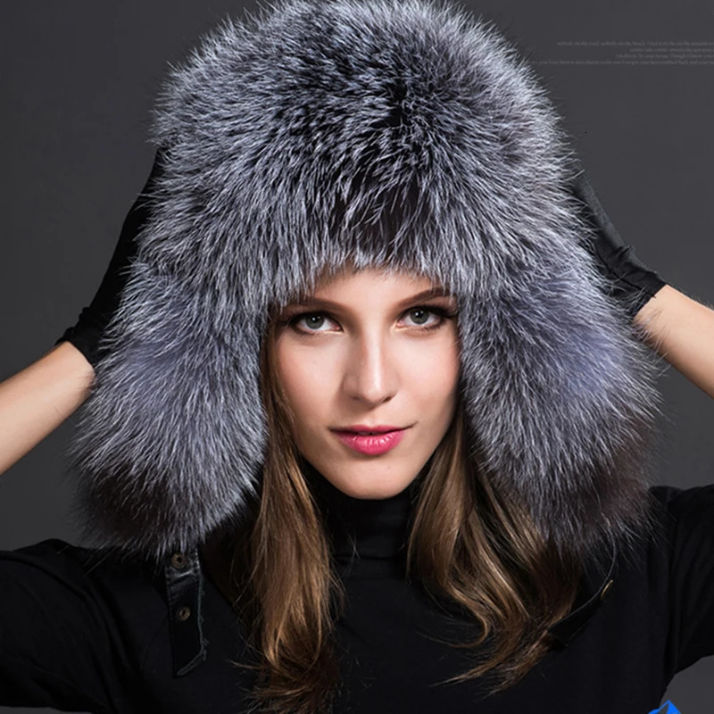 BeanieSkull Cap Natural Raccoon Fur Caps Ushanka Hats for Winter Thick Warm Ears Fashion Bomber Pom Hat Lady Real Pompon 231206
