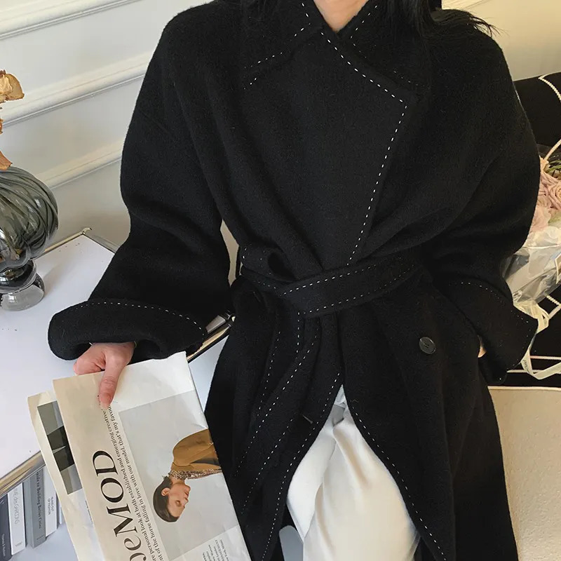 Women's Wool Blends Women Real Coat Lady's Fashion Winter Autumn Chic Jacket Belt Long Sleeve Pockets Trench Hx5780 231120