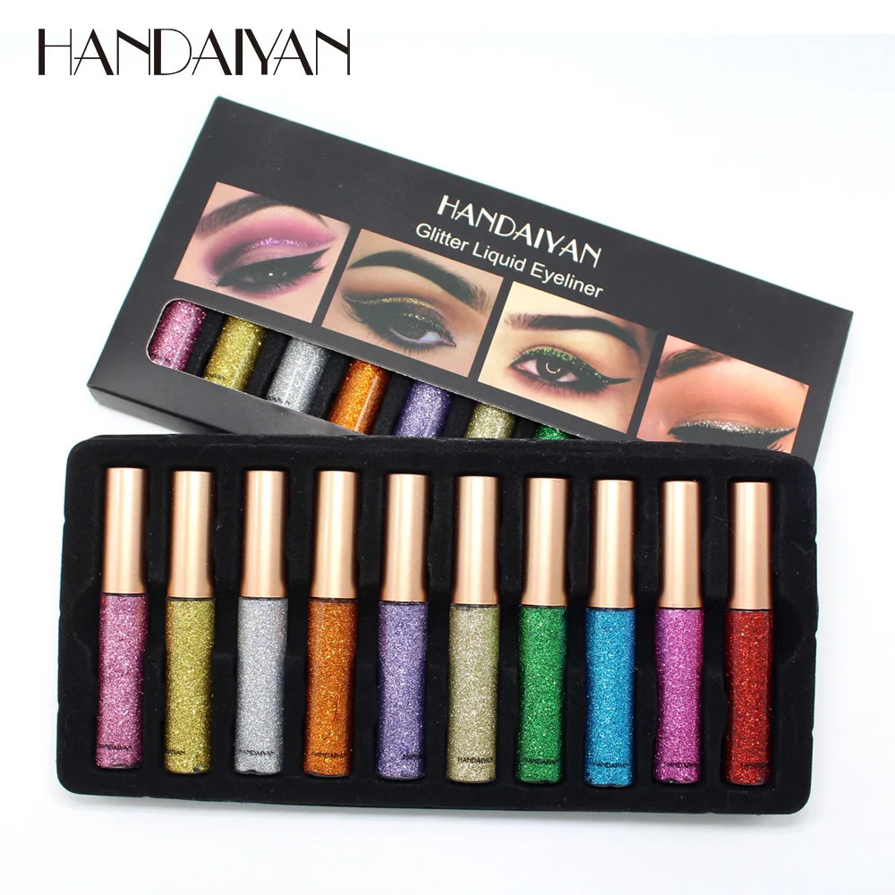 Eye Shadow/Liner Combination HANDAIYAN 10 Colors/Box Eye Shadow Liner Combination Glitter Liquid Eyes Makeup Shimmer Eyeshadow Kit Shinning Eyeliner P