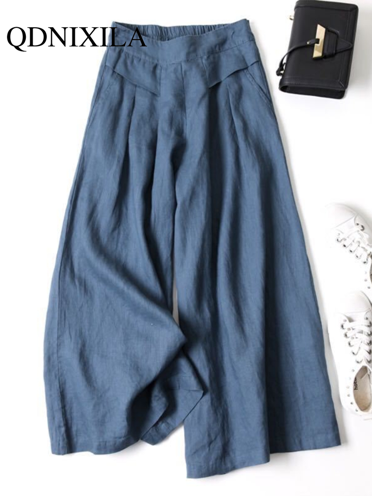Women's Pants Capris Cotton and Linen Wide-leg Pants Skirt Pants Women Loose Half Elastic Waist Slim Pants Women Streetwear Women Pants 230421