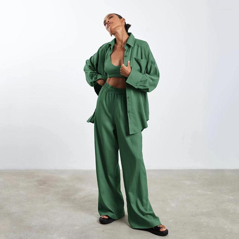 Women's Two Piece Pants 2023 Spring Summer Fashion Casual Suit Solid Color Lapel Long-sleeved Shirt Top Set Womens Outfits