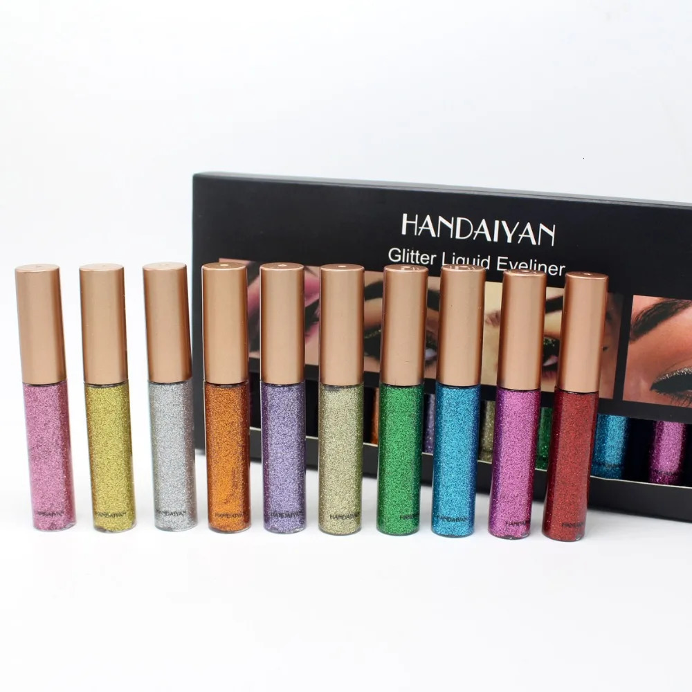Eye Shadow/Liner Combination HANDAIYAN 10 Colors/Box Eye Shadow Liner Combination Glitter Liquid Eyes Makeup Shimmer Eyeshadow Kit Shinning Eyeliner P