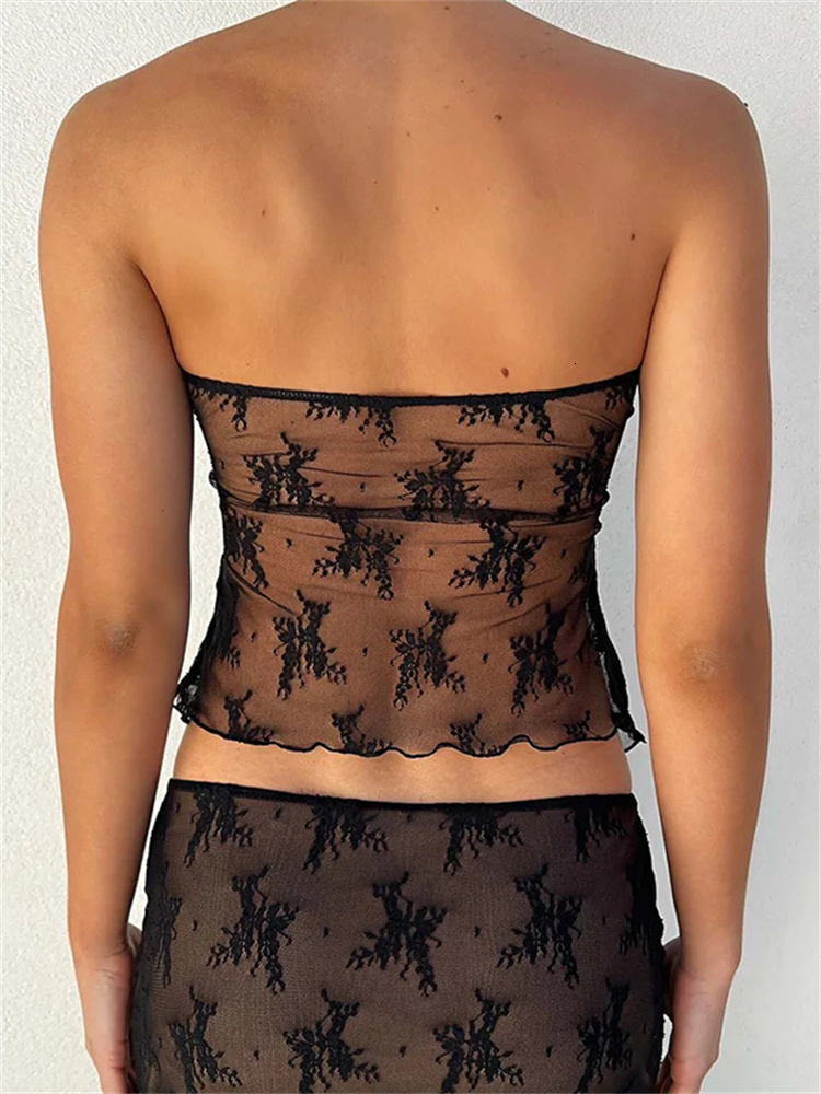 Womens TShirt CHRONSTYLE Lace Bustiers Corsets Strapless Off Shoulder Tube Tops Party Clubwear Mesh See Through Tank Summer Mini Vest 230420