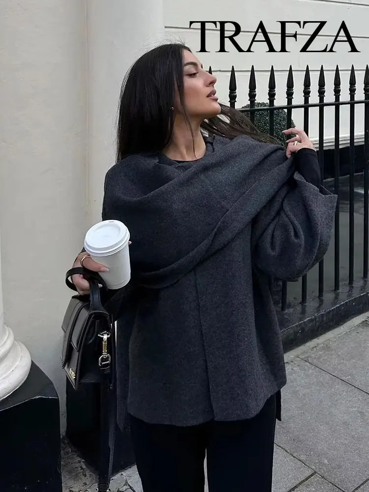 Womens Jackets TRAFZA Winter Fashion Asymmetric Scarf Short Knitted Coat Long Sleeve Single Button Loose Woolen Jacket 231120