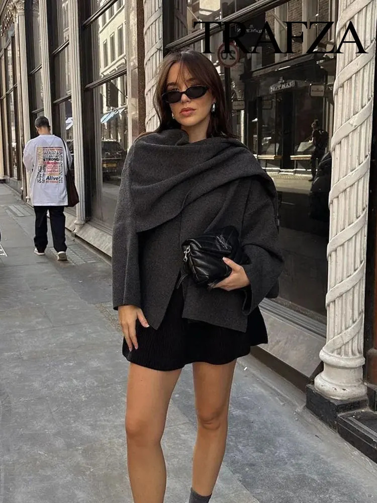 Womens Jackets TRAFZA Winter Fashion Asymmetric Scarf Short Knitted Coat Long Sleeve Single Button Loose Woolen Jacket 231120