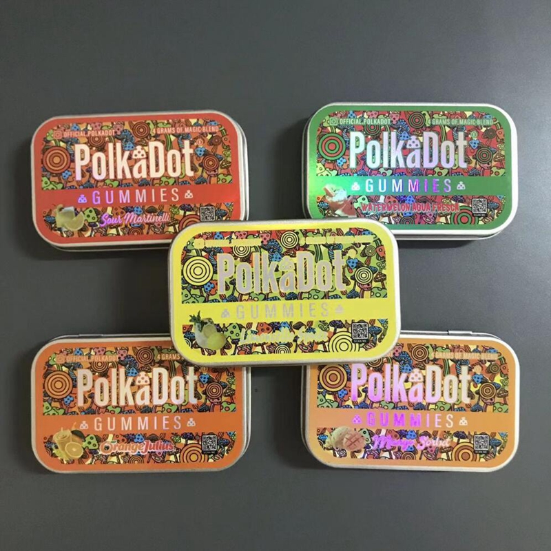 

4 grams Polkadot Gummies metal tin Packaging boxes OrangeJulius Rectangular tinplate metal Packaging Box Flip storage box For Polk Dot Magic mushroom Blend Gummy